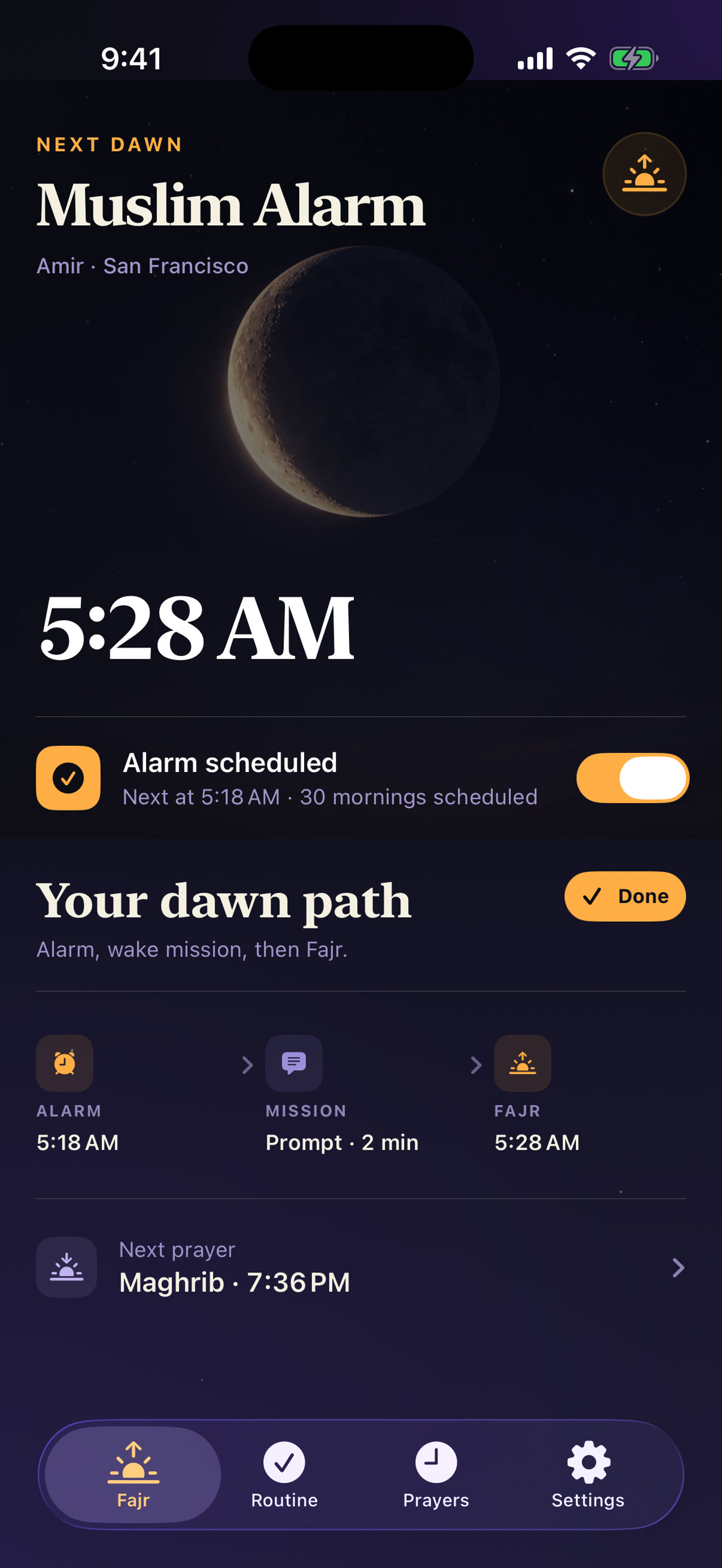 Muslim Alarm dashboard showing the next Fajr time, alarm status, and morning routine