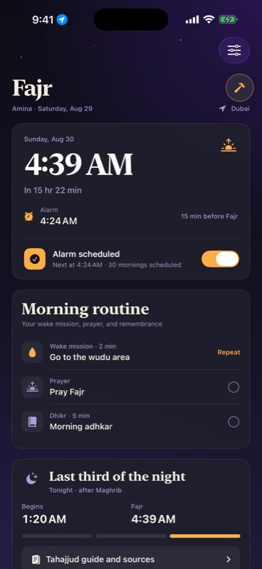 Muslim Alarm dashboard showing the next Fajr time, alarm status, and morning routine