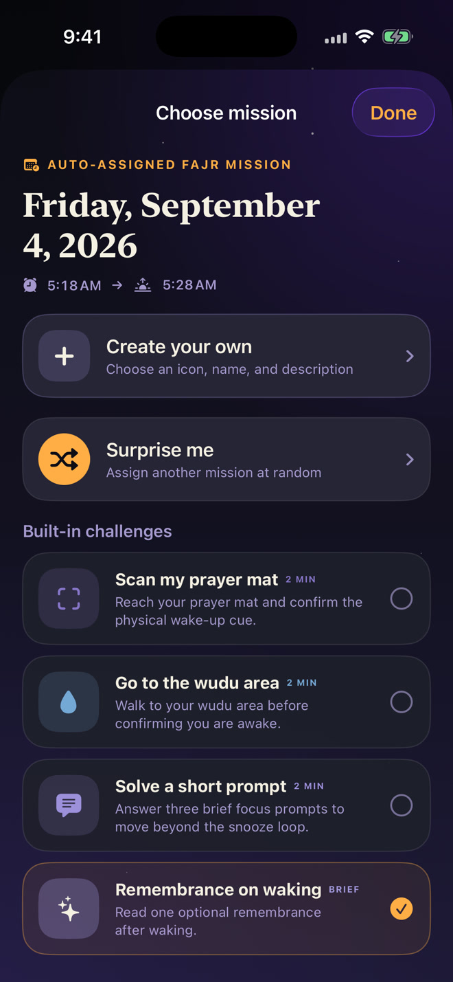 Wake-up mission choices for getting out of bed before Fajr