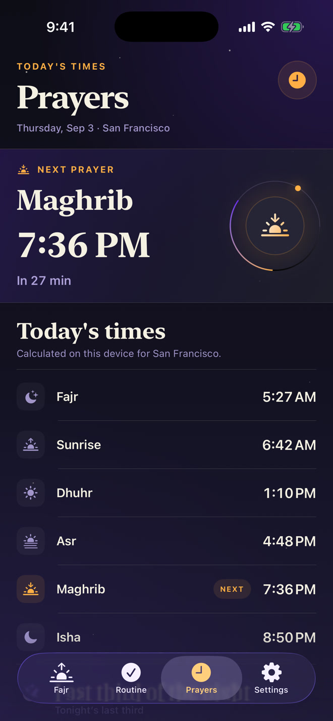 Prayer times calculated on the iPhone for the selected location