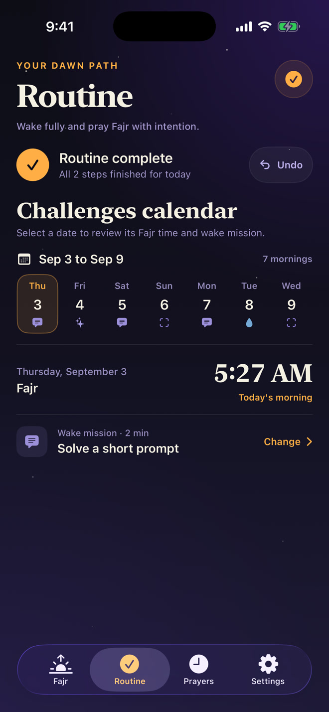 Muslim Alarm routine showing today's wake mission, Fajr time, and seven-morning challenges calendar