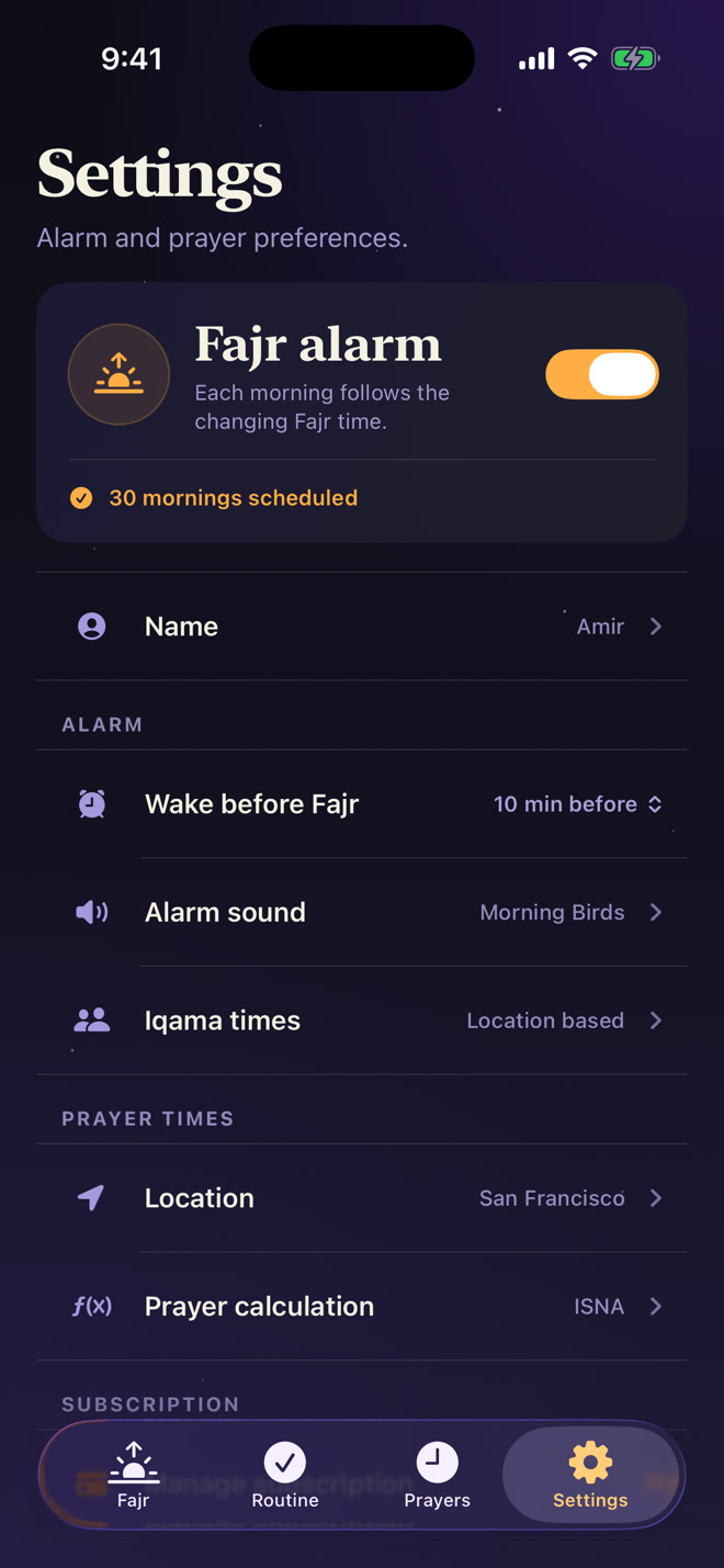 Muslim Alarm settings with a selectable wake-up sound